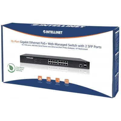 Intellinet 561198 Switch Gigabit 16x RJ45 PoE+, 2x slot SFP Combo