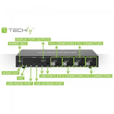 Techly 101935 Przełącznik KVM 4/1 DisplayPort/USB 4K 30Hz, hub USB