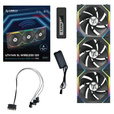 Lian Li UNI FAN SL Wireless ARGB PWM wentylator, Trójpak z kontrolerem - Reverse Blade, 120 mm, czarny
