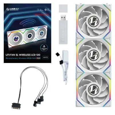 Lian Li UNI FAN SL Wireless LCD wentylator, ARGB, PWM, Trójpak z kontrolerem - Reverse Blade, 120 mm, biały