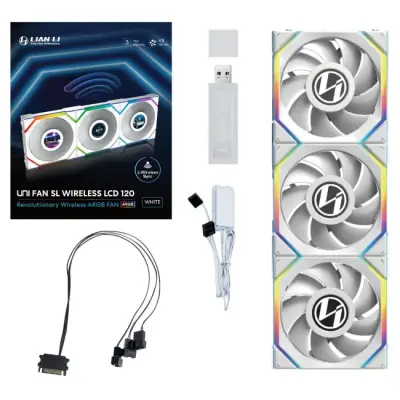 Lian Li UNI FAN SL Wireless LCD wentylator, ARGB, PWM, Trójpak z kontrolerem - 120 mm, biały