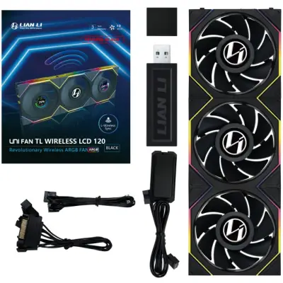 Lian Li UNI FAN TL Wireless LCD Wentylator, ARGB, PWM, Trójpak z kontrolerem - Reverse Blade, 120mm, czarny